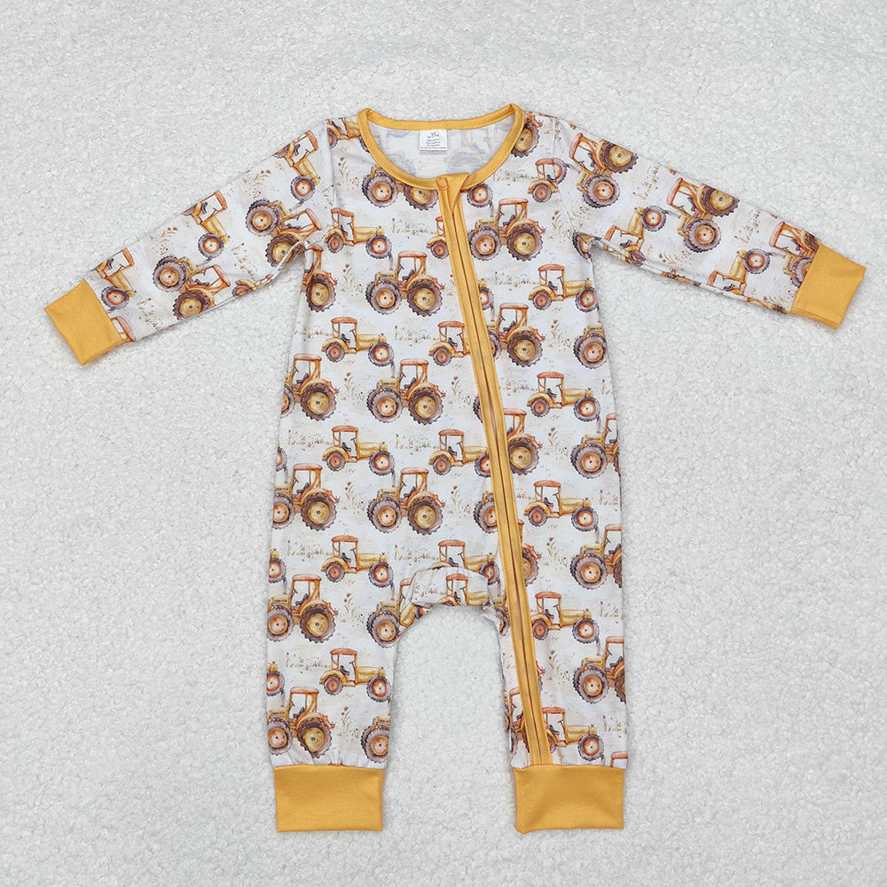 Baby Infant Boys Farm Trucks Bamboo Zip Rompers