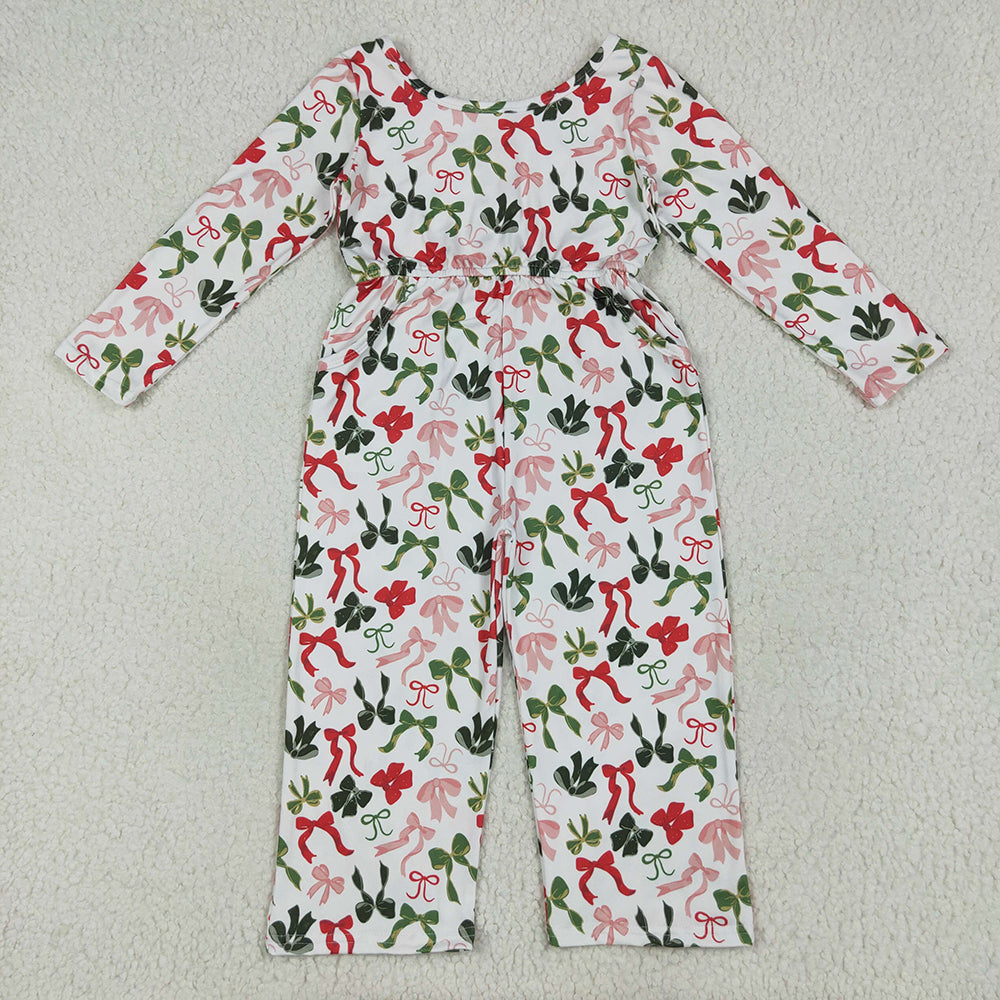 Baby Girls Christmas Colorful Bows Pockets Jumpsuits Rompers