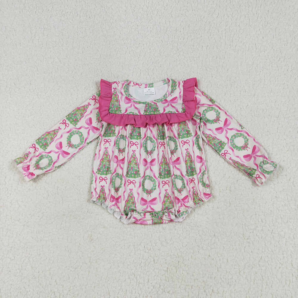 Baby Girls Long Ruffle Sleeves Trees Bows Ruffle Rompers