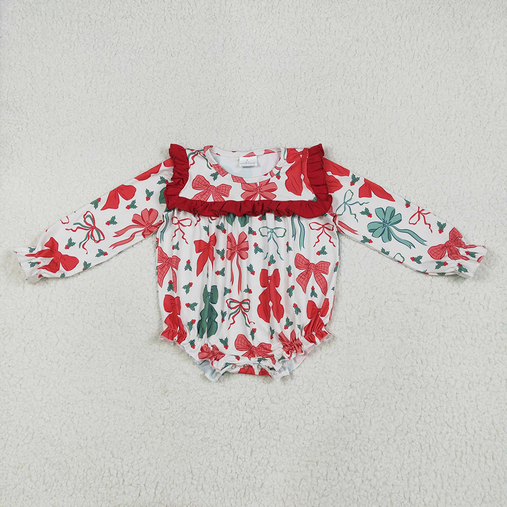 Baby Girls Christmas Red Green Bows Ruffle Rompers