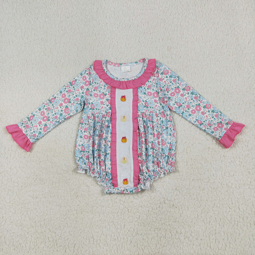 Embroidery Baby Girls Long Sleeves Turkey Pumpkins Floral Ruffle Rompers