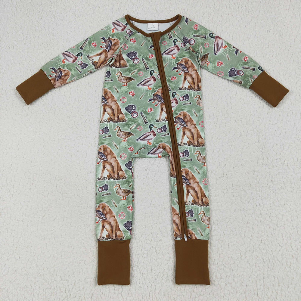 Baby Boys Green Dog Ducks Hunting Zipper Footie Rompers