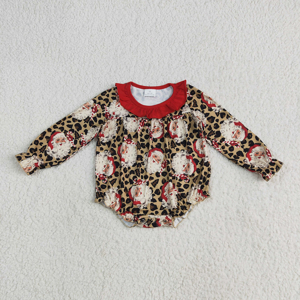 Baby Girls Christmas Leopard Santa Ruffle Rompers
