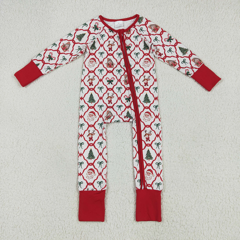 Baby Kids Long Sleeves Red Bows Plaid Trees Gingerbread Zipper Rompers