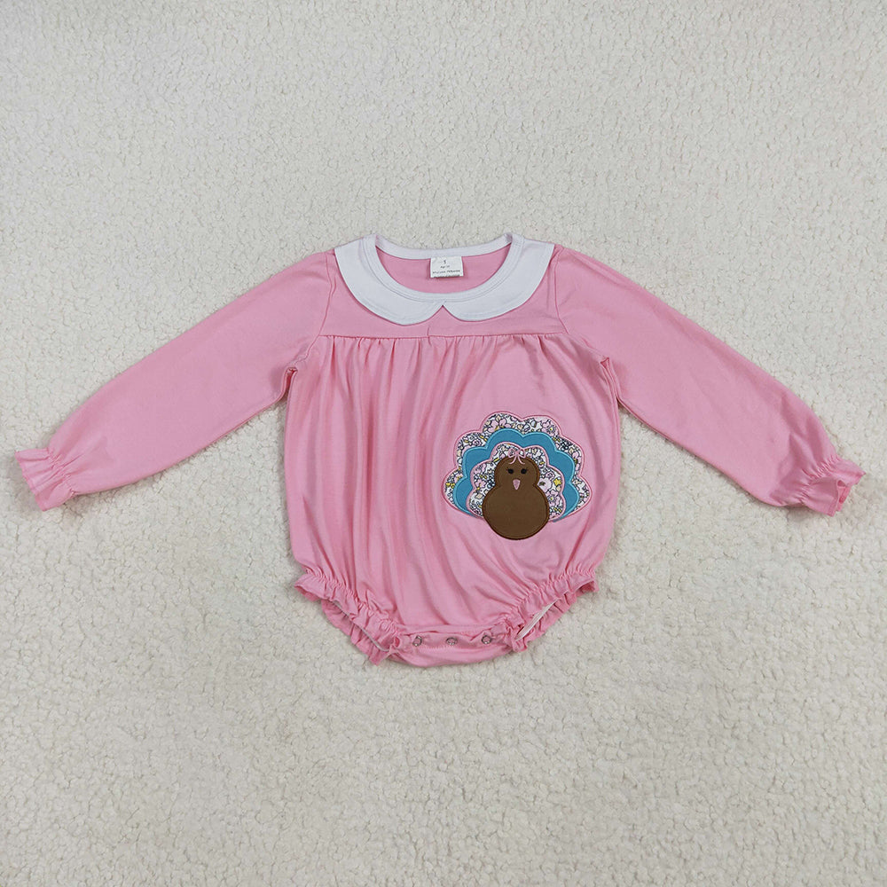 Embroidery Baby Girls Pink Long Sleeves Turkey Ruffle Rompers