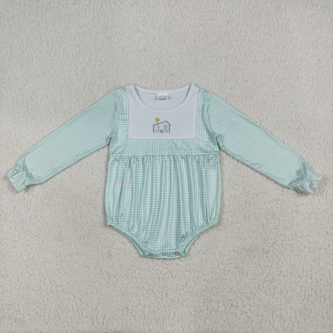 Embroidery Baby Boys Aqua Plaid Christmas Jesus Bummies Rompers
