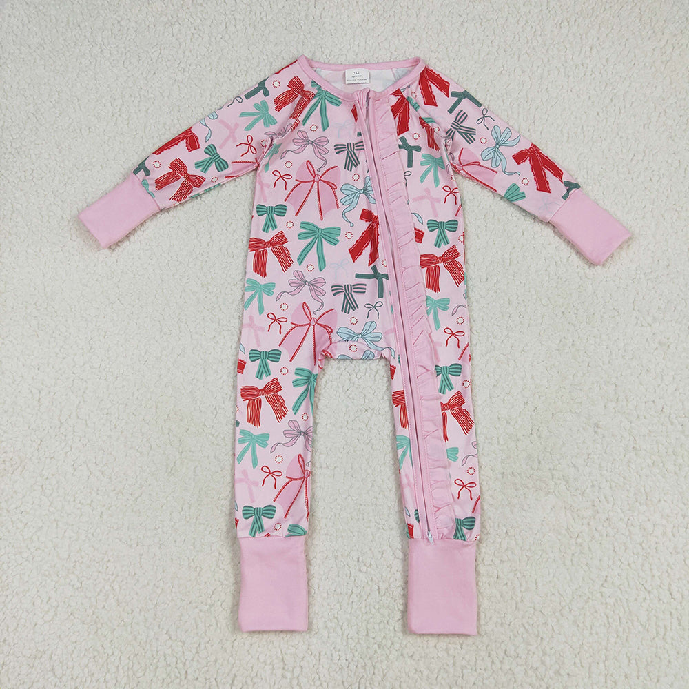 Baby Girls Pink Long Sleeves Colorful Bows Zipper Rompers
