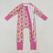 Load image into Gallery viewer, Baby Girls Hot Pink Floral Pumpkins Footie Zipper Rompers
