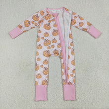 Load image into Gallery viewer, Baby Girls Long Sleeves Pink Bows Pumpkins Footie Zipper Rompers
