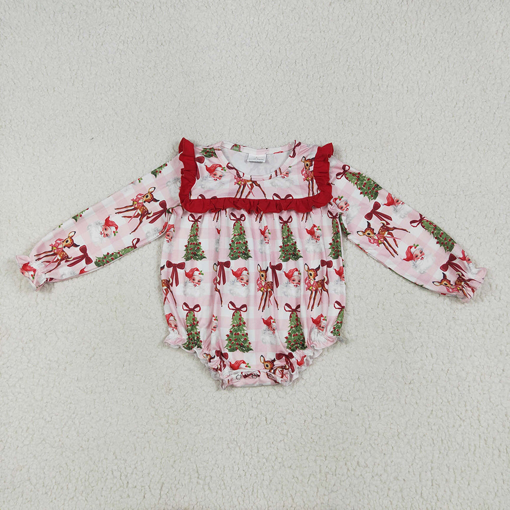 Baby Girls Christmas Pink Plaid Santa Trees Ruffle Rompers