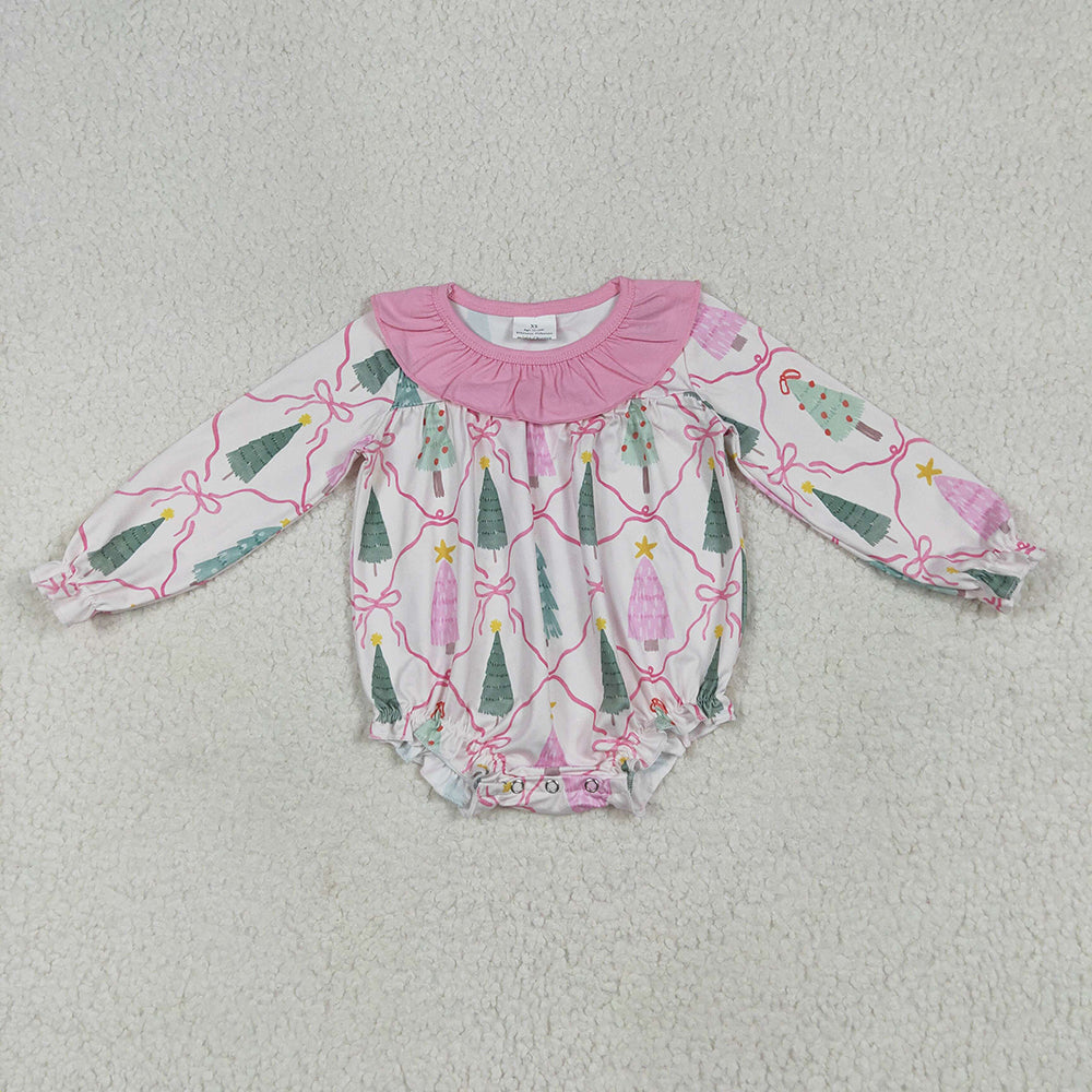 Baby Girls Long Sleeves Pink Bows Trees Plaid Ruffle Rompers
