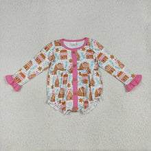 Load image into Gallery viewer, Baby Girls Christmas Pink Houses Snowflake Button Ruffle Rompers
