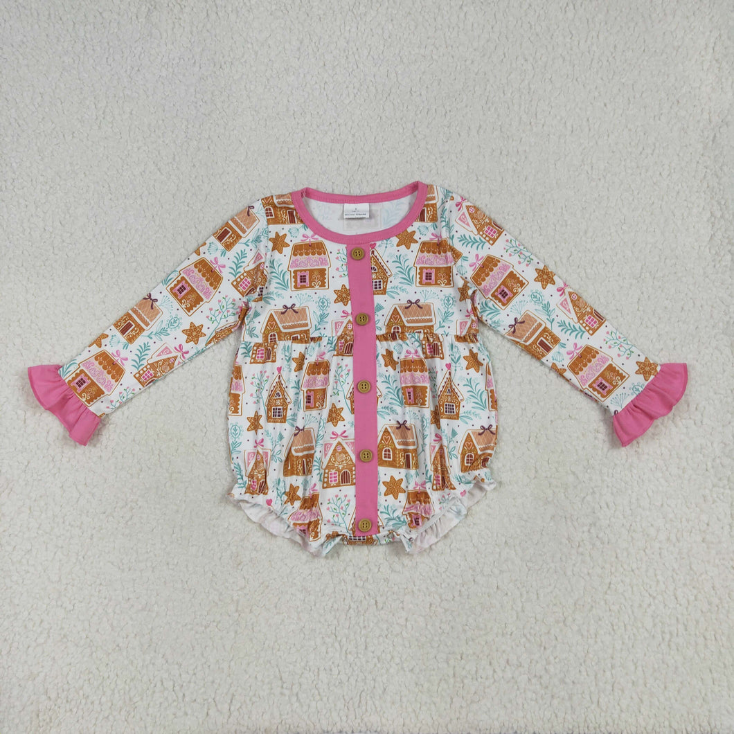 Baby Girls Christmas Pink Houses Snowflake Button Ruffle Rompers