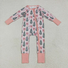 Load image into Gallery viewer, Baby Girls Christmas Tree Pink Bows Zipper Footie Rompers
