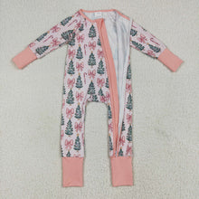 Load image into Gallery viewer, Baby Girls Christmas Tree Pink Bows Zipper Footie Rompers
