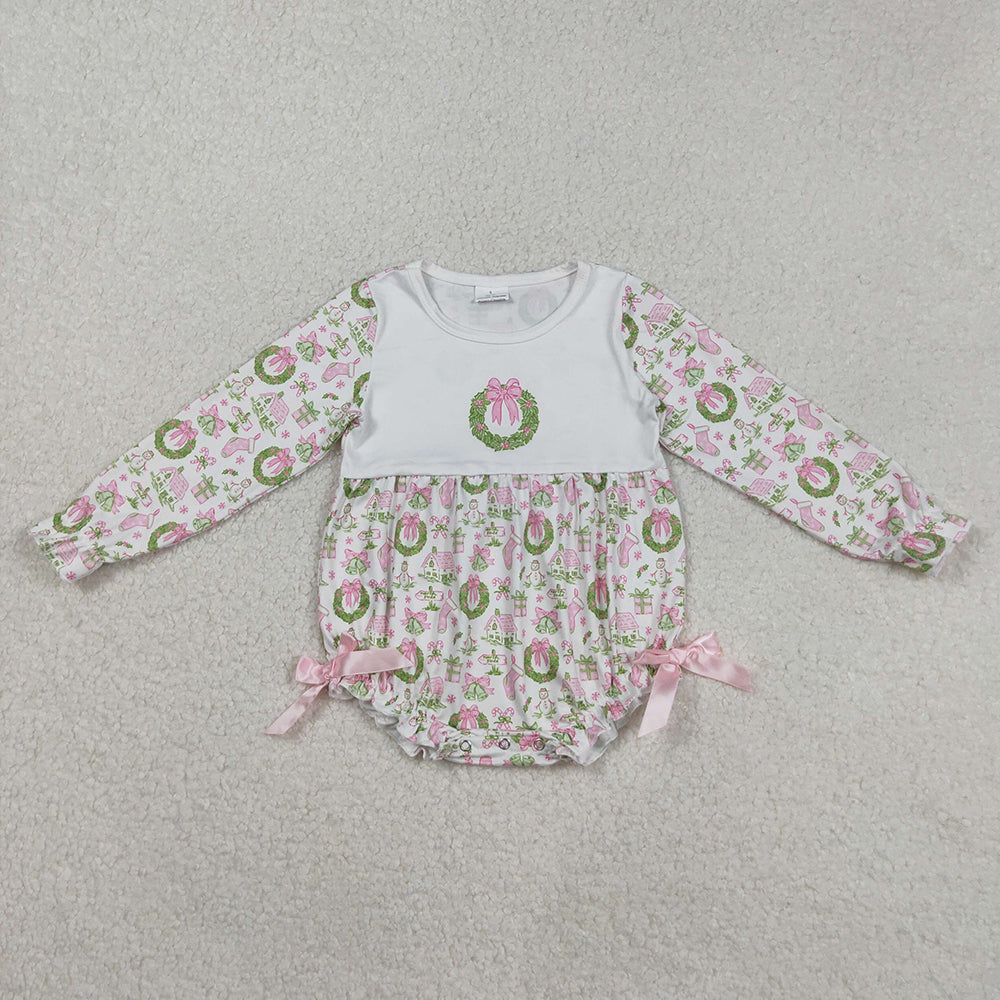 Baby Girls Pink Gifts Bows Holly Print Christmas Ruffle Rompers