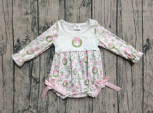 Load image into Gallery viewer, Baby Girls Pink Gifts Bows Holly Print Christmas Ruffle Rompers
