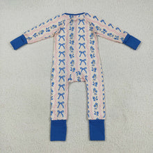 Load image into Gallery viewer, Baby Girls Long Sleeves Blue Bows Flowers Stripe Zipper Pant Rompers
