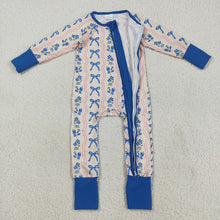 Load image into Gallery viewer, Baby Girls Long Sleeves Blue Bows Flowers Stripe Zipper Pant Rompers
