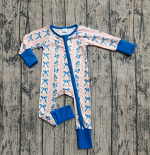 Load image into Gallery viewer, Baby Girls Long Sleeves Blue Bows Flowers Stripe Zipper Pant Rompers
