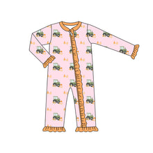 Load image into Gallery viewer, Baby Girls Pink Pumpkins Trucks Fall Ruffle Zipper Footie Rompers
