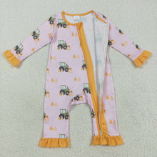 Load image into Gallery viewer, Baby Girls Pink Pumpkins Trucks Fall Ruffle Zipper Footie Rompers
