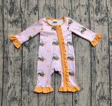 Load image into Gallery viewer, Baby Girls Pink Pumpkins Trucks Fall Ruffle Zipper Footie Rompers
