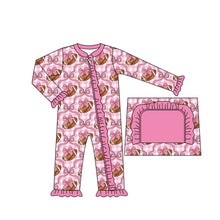 Load image into Gallery viewer, Baby Girls Pink Bows Footballs Ruffle Zipper Footie Rompers

