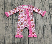 Load image into Gallery viewer, Baby Girls Pink Bows Footballs Ruffle Zipper Footie Rompers
