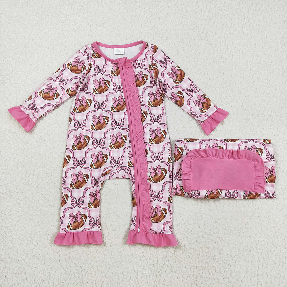 Baby Girls Pink Bows Footballs Ruffle Zipper Footie Rompers