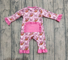 Load image into Gallery viewer, Baby Girls Pink Bows Footballs Ruffle Zipper Footie Rompers
