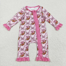 Load image into Gallery viewer, Baby Girls Pink Bows Footballs Ruffle Zipper Footie Rompers
