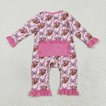 Load image into Gallery viewer, Baby Girls Pink Bows Footballs Ruffle Zipper Footie Rompers

