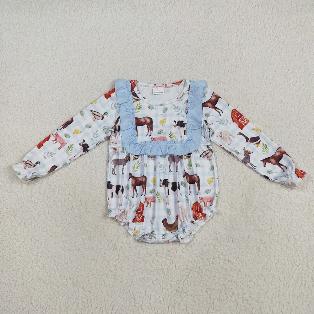 Baby Girls Long Ruffle Sleeves Farm Houses Chicks Rompers