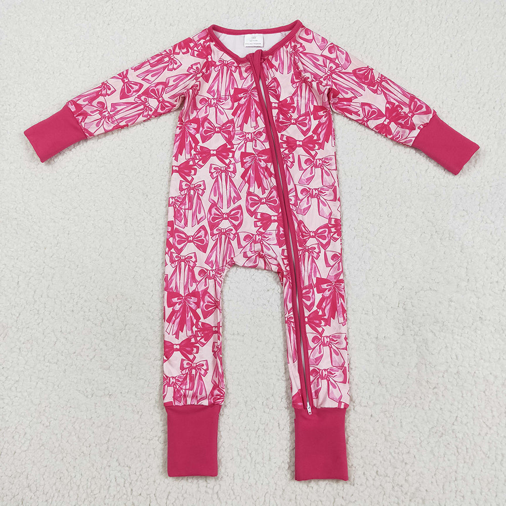 Baby Girls Long Sleeves Pink Bows Zipper Footie Rompers