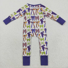 Load image into Gallery viewer, Sibling Baby Boys Purple Bows Stars Plaid Pajams Sets Zipper Footie Rompers
