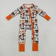 Load image into Gallery viewer, Sibling Baby Kids Orange Black Bows Stars Halloween Pajams Sets Zipper Footie Rompers
