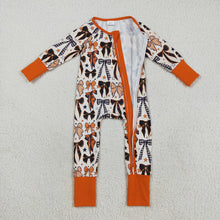 Load image into Gallery viewer, Sibling Baby Kids Orange Black Bows Stars Halloween Pajams Sets Zipper Footie Rompers
