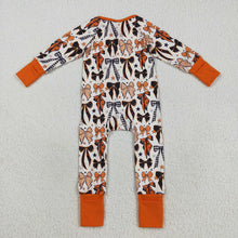 Load image into Gallery viewer, Sibling Baby Kids Orange Black Bows Stars Halloween Pajams Sets Zipper Footie Rompers
