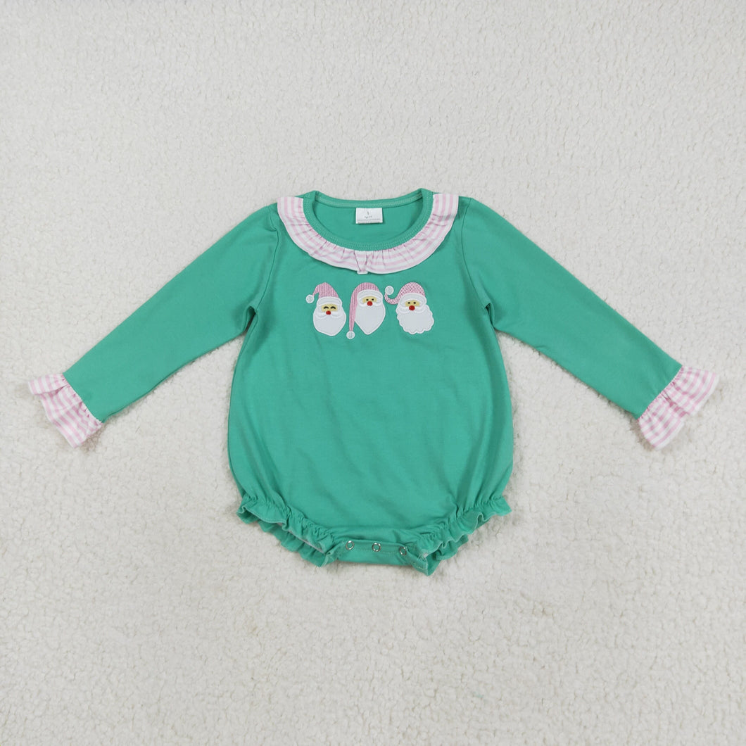 Embroidery Baby Girls Green Christams Santa Ruffle Rompers
