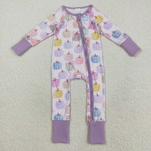 Load image into Gallery viewer, Baby Girls Colorful Bows Pumpkins Fall Zipper Footie Rompers
