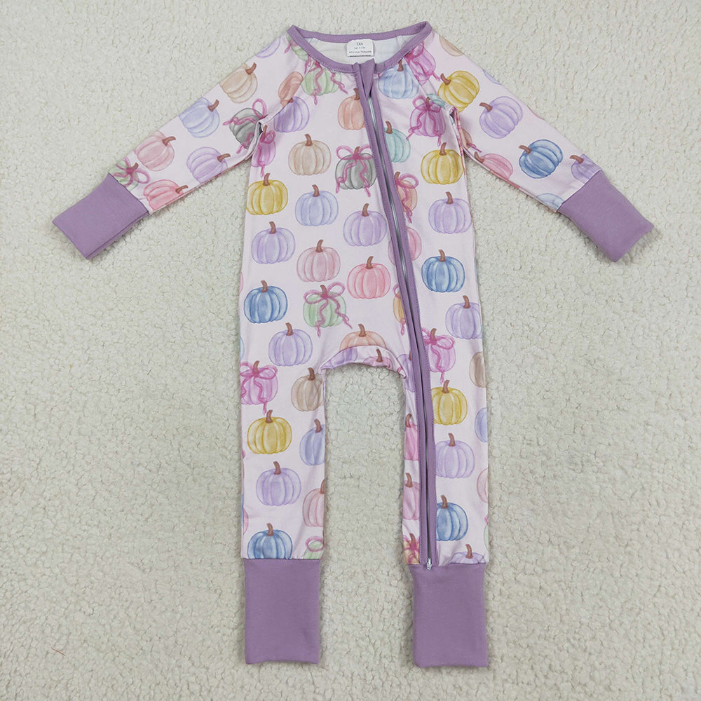 Baby Girls Colorful Bows Pumpkins Fall Zipper Footie Rompers