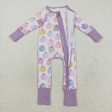 Load image into Gallery viewer, Baby Girls Colorful Bows Pumpkins Fall Zipper Footie Rompers
