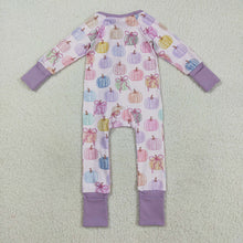 Load image into Gallery viewer, Baby Girls Colorful Bows Pumpkins Fall Zipper Footie Rompers
