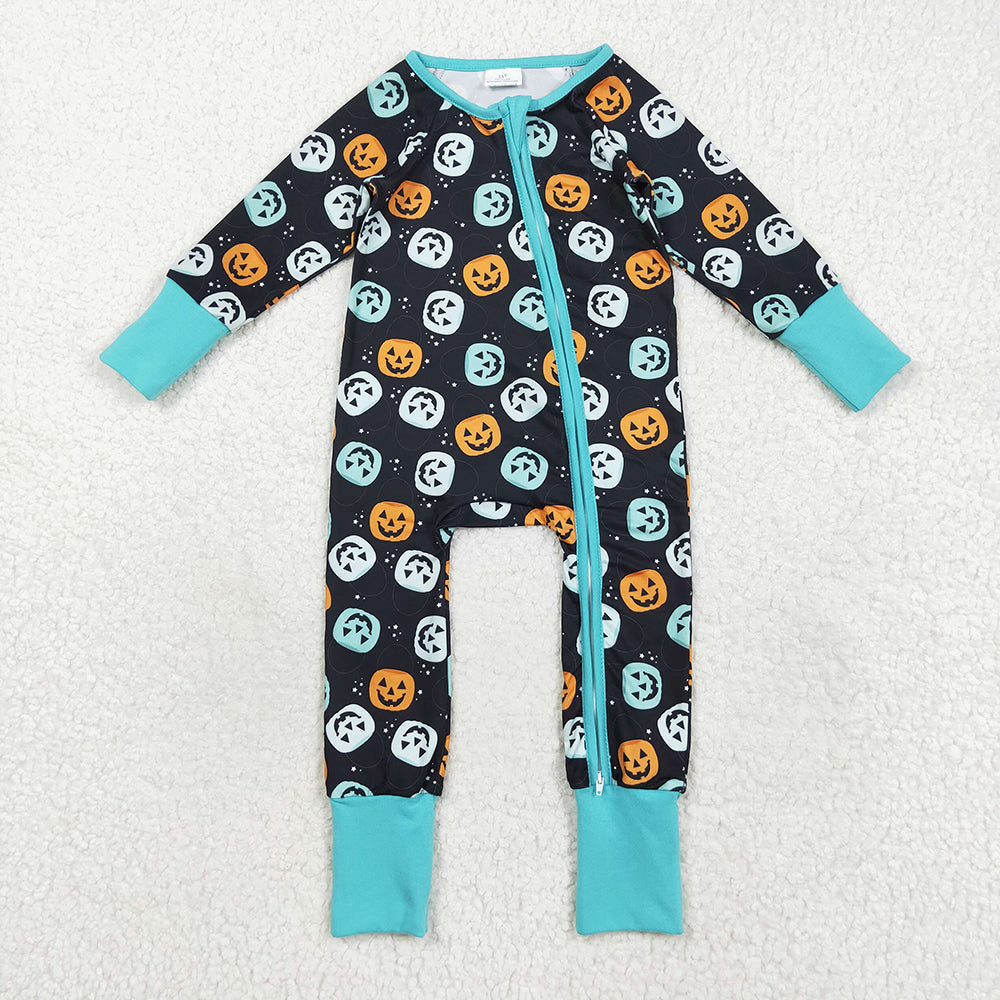 Baby Boys Ghost Pumpkins Fall Zipper Footie Rompers