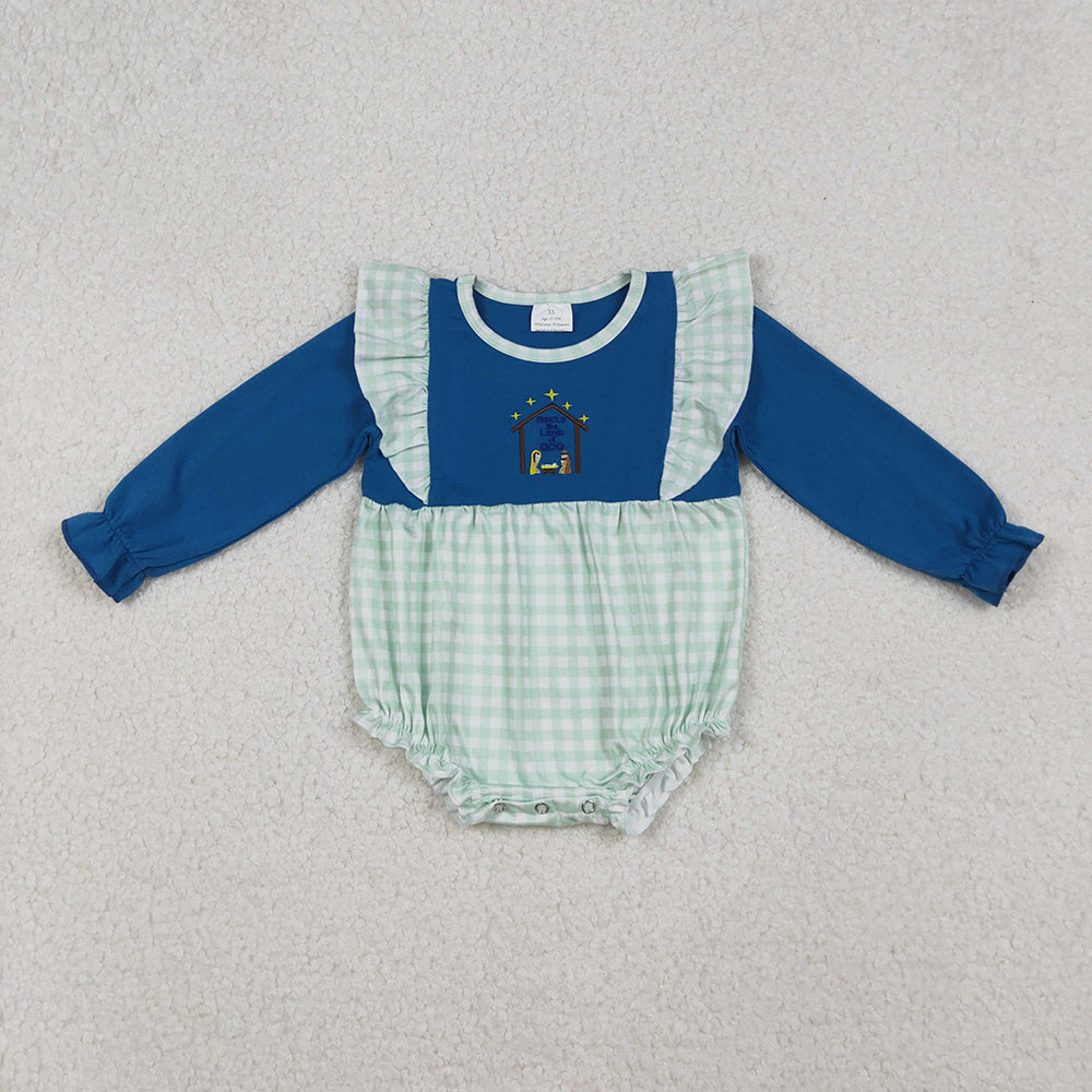 Embroidery Baby Girls Long Ruffle Sleeves Nativity Christmas Rompers