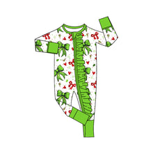 Load image into Gallery viewer, Baby Girls Green Red Bows Hearts Christmas Ruffle Zipper Footie Rompers

