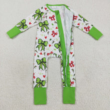 Load image into Gallery viewer, Baby Girls Green Red Bows Hearts Christmas Ruffle Zipper Footie Rompers
