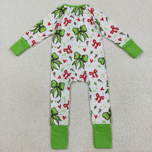 Load image into Gallery viewer, Baby Girls Green Red Bows Hearts Christmas Ruffle Zipper Footie Rompers
