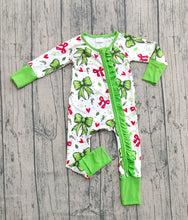 Load image into Gallery viewer, Baby Girls Green Red Bows Hearts Christmas Ruffle Zipper Footie Rompers
